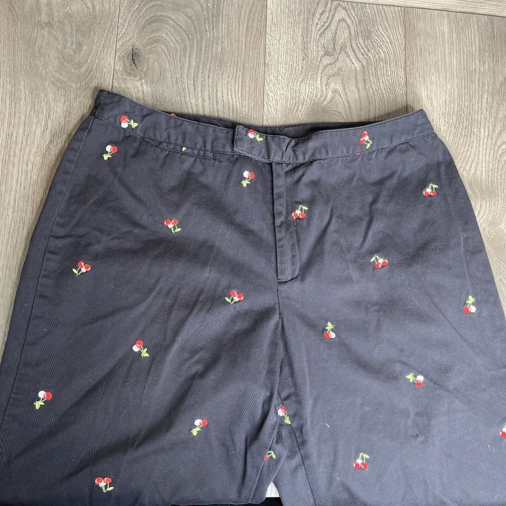 Casablanca Sport Capri Pants Womens 14 Black Embroidered Pink Red Cherries - Picture 2 of 8